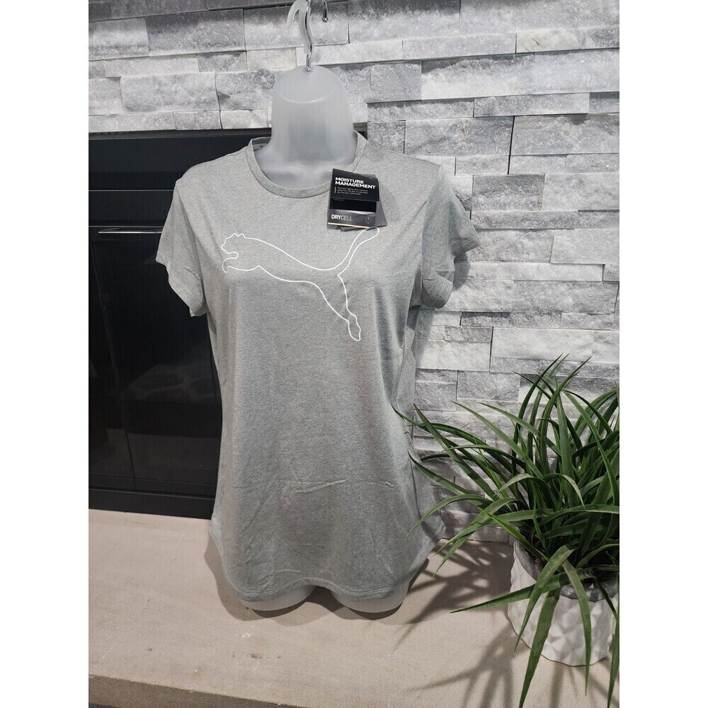 NEW PUMA Dry Cell Women's Medium Cat Logo Tee Heather Grey And White - Picture 1 of 7